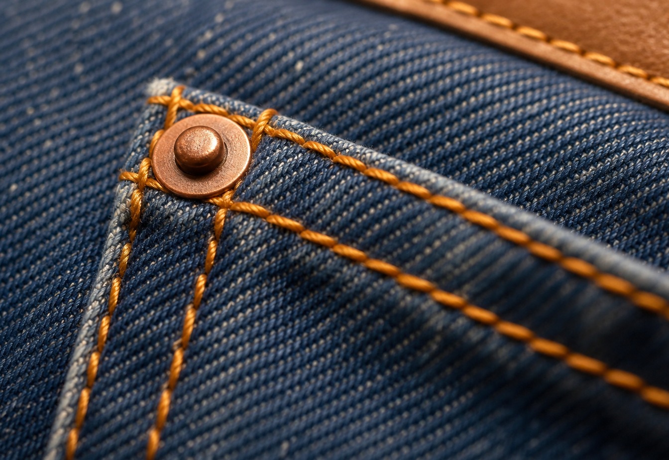 Macro of denim back pocket with orange topstitching and rivet