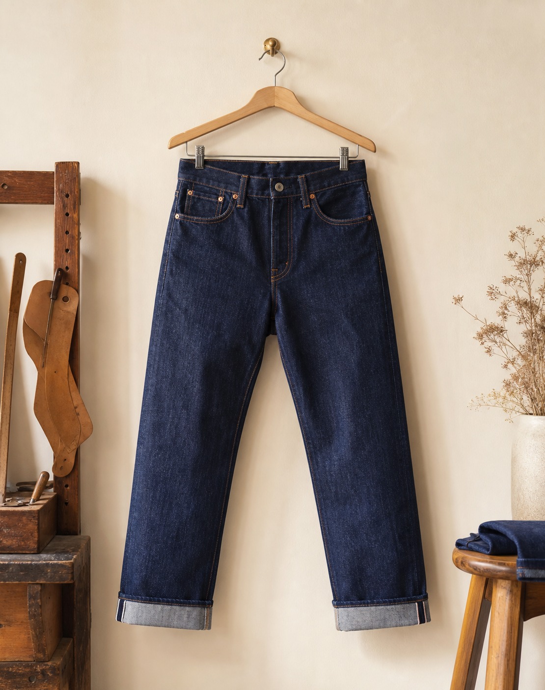 Raw indigo jeans hanging with visible contrast stitching