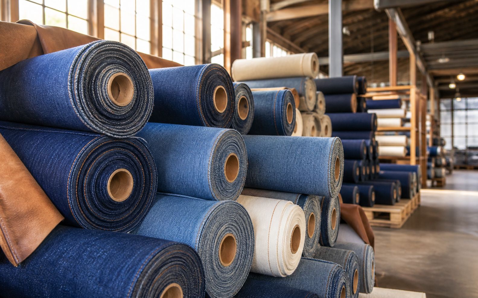Rolls of indigo denim fabric stacked in a mill