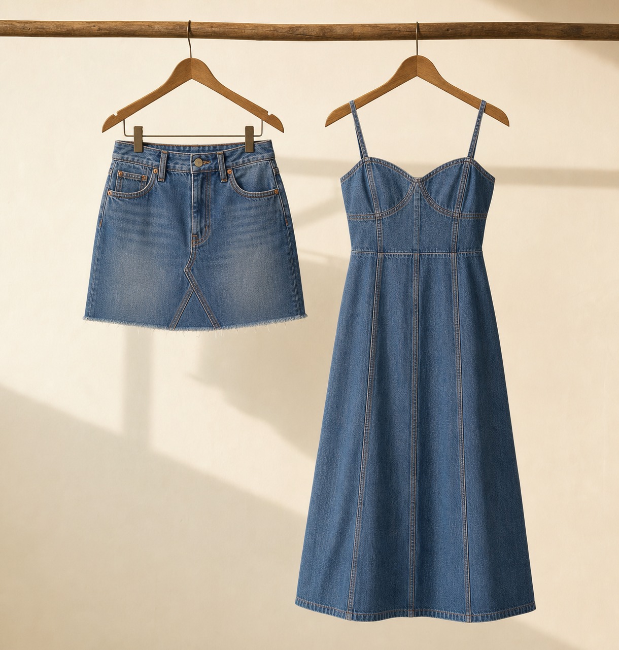 Denim skirt and dress on hangers