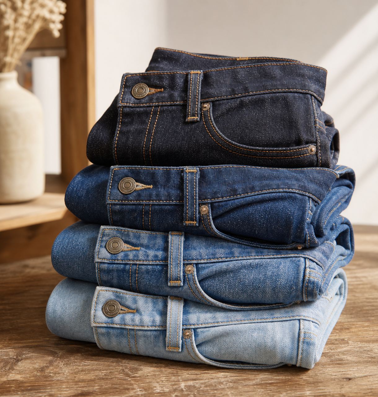 Stack of five-pocket jeans in different washes