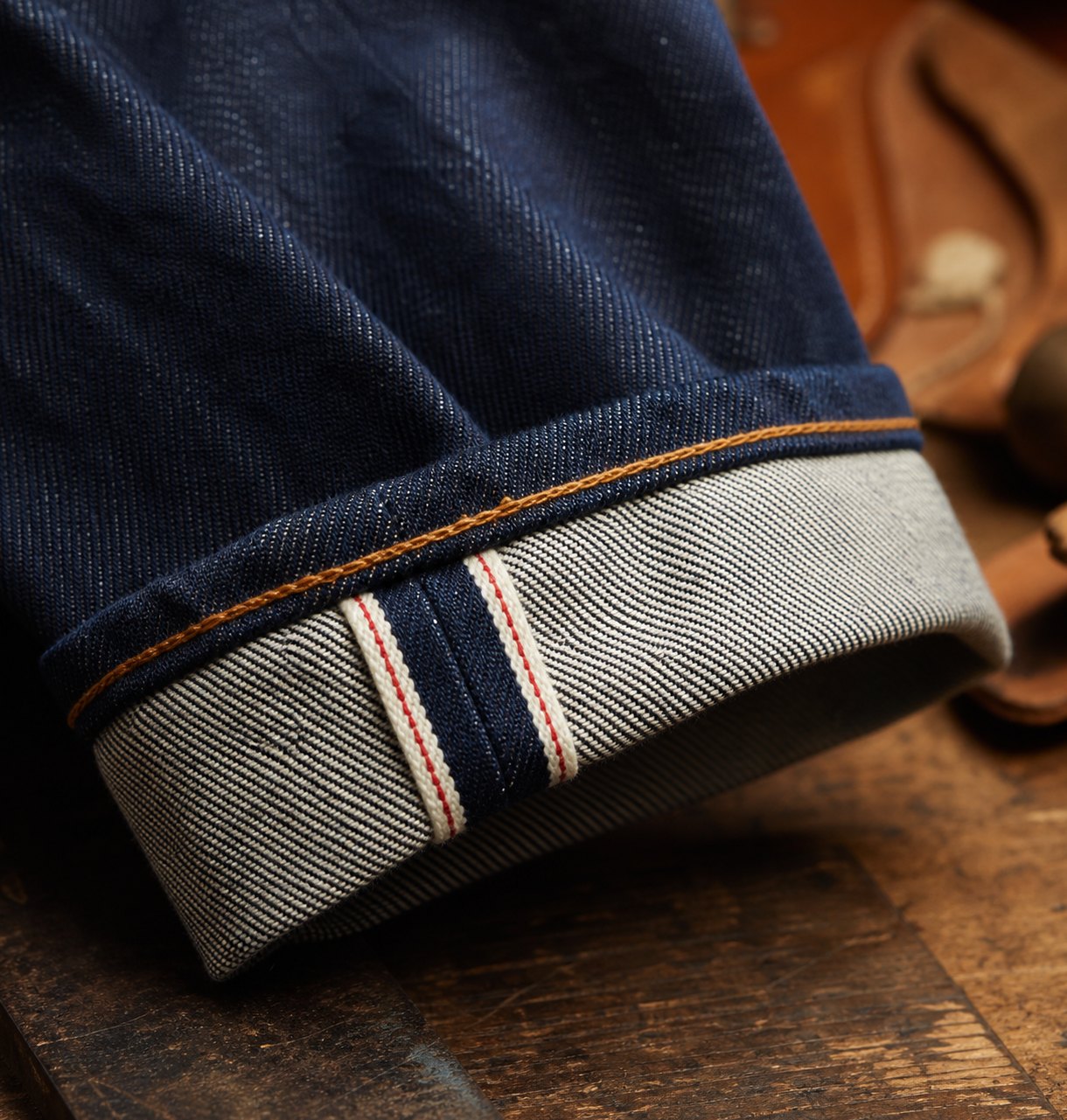 Selvedge denim turn-up showing red line edge