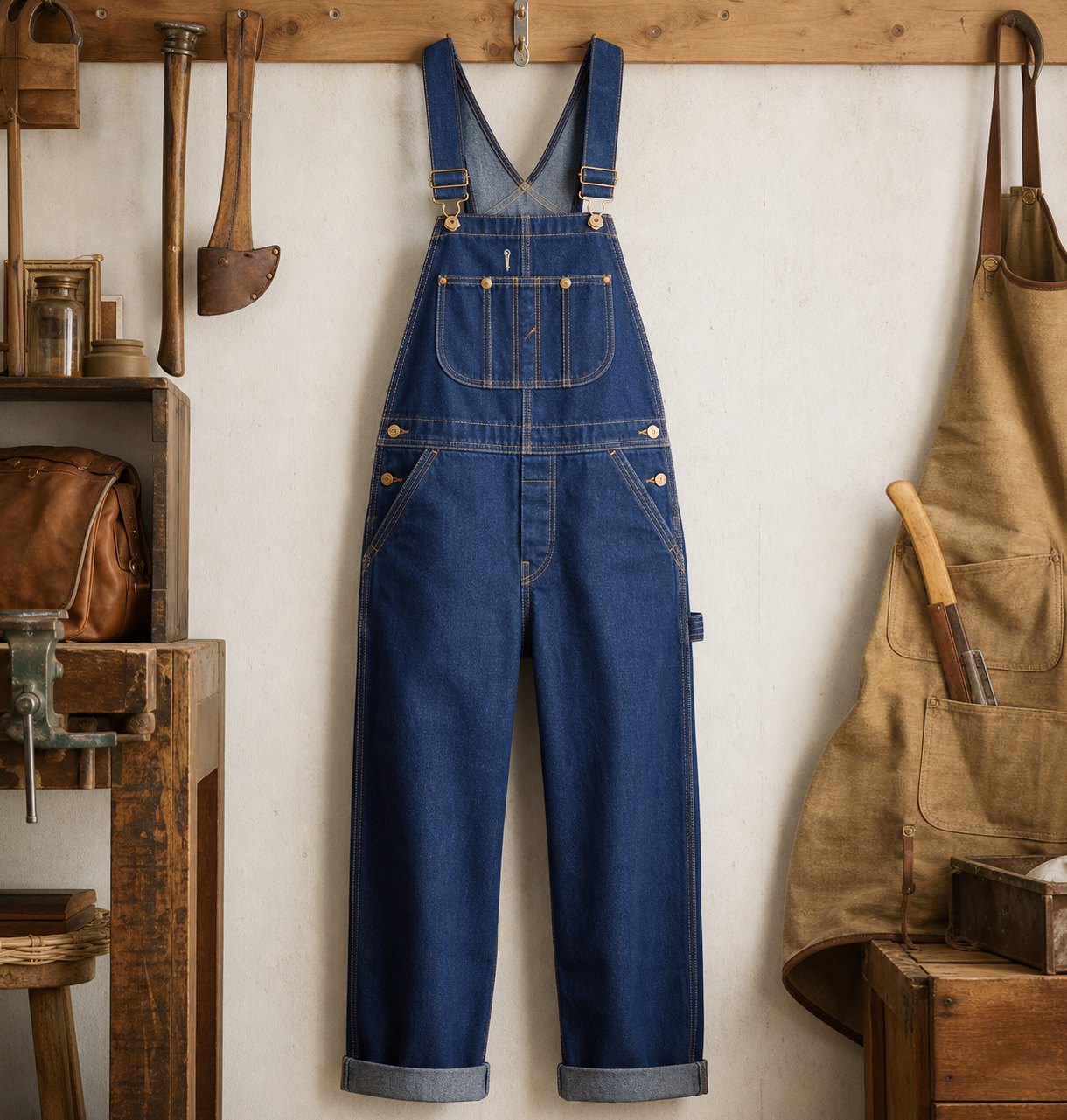 Denim overalls with triple stitching