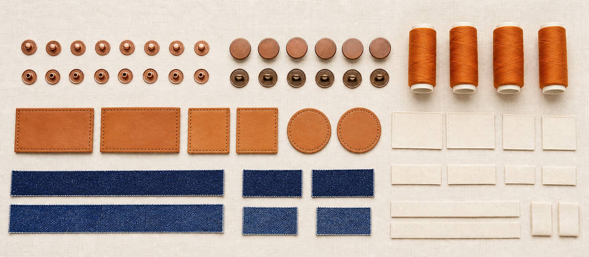 Denim trims flat lay — buttons, rivets, patches and labels